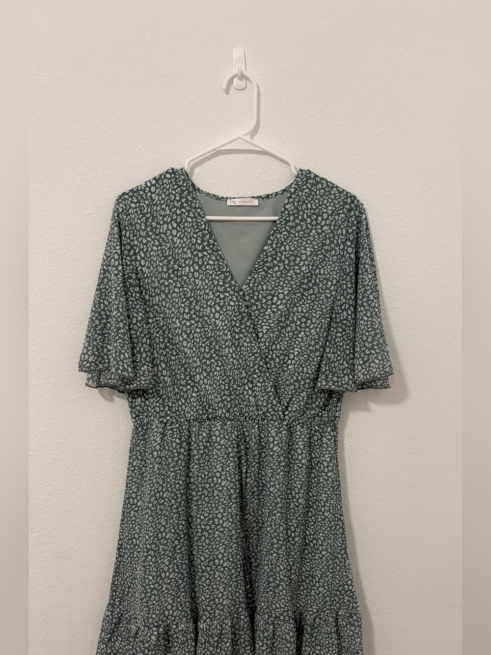 Kirundo Green and White Floral Print Knee Length Dress Cottagecore Ruffle SZ‎ L - Picture 2 of 5